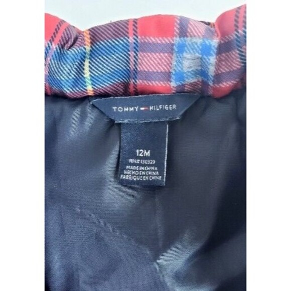 Tommy Hilfiger Puffer Vest Baby 12 Months Red and Blue Plaid With Varsity Letter - Picture 3 of 5
